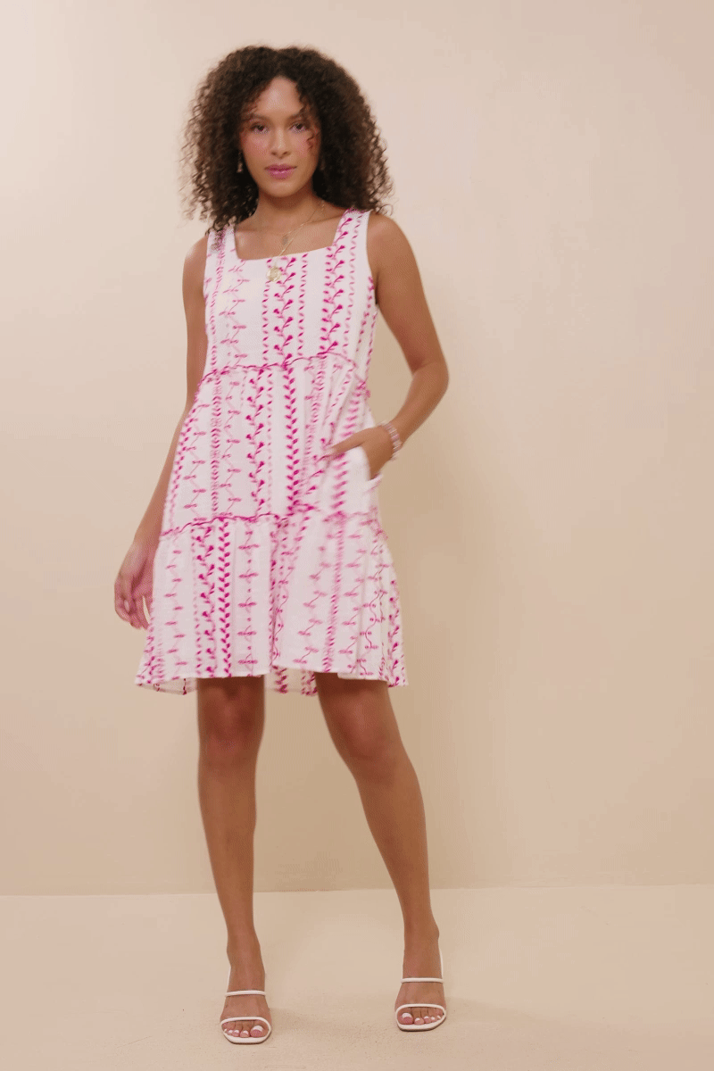 Womens Botanical Embroidered Ruffle Tiered Tank Dress