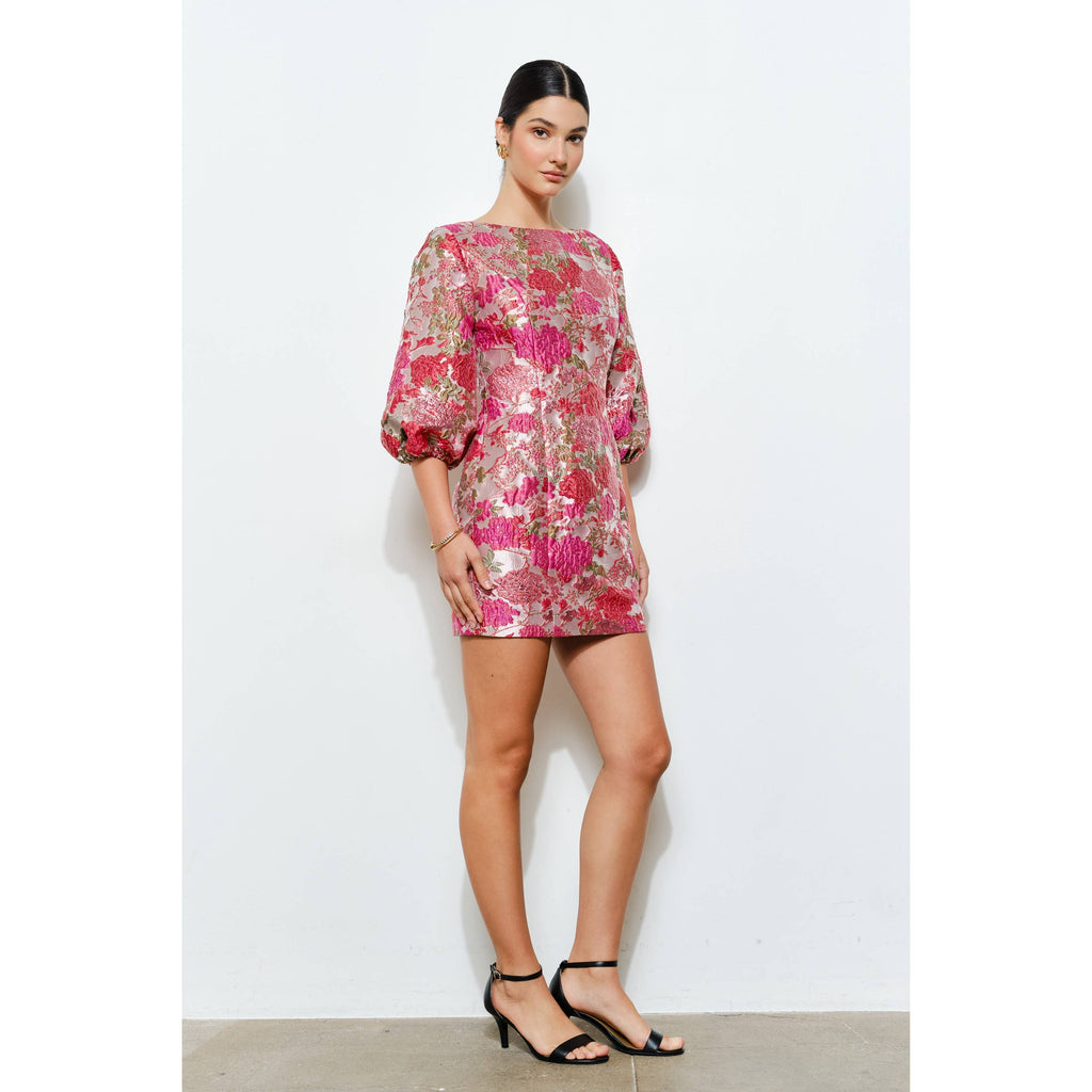 Luxe Metallic Floral Jacquard Puff 1/2 Mini Dress