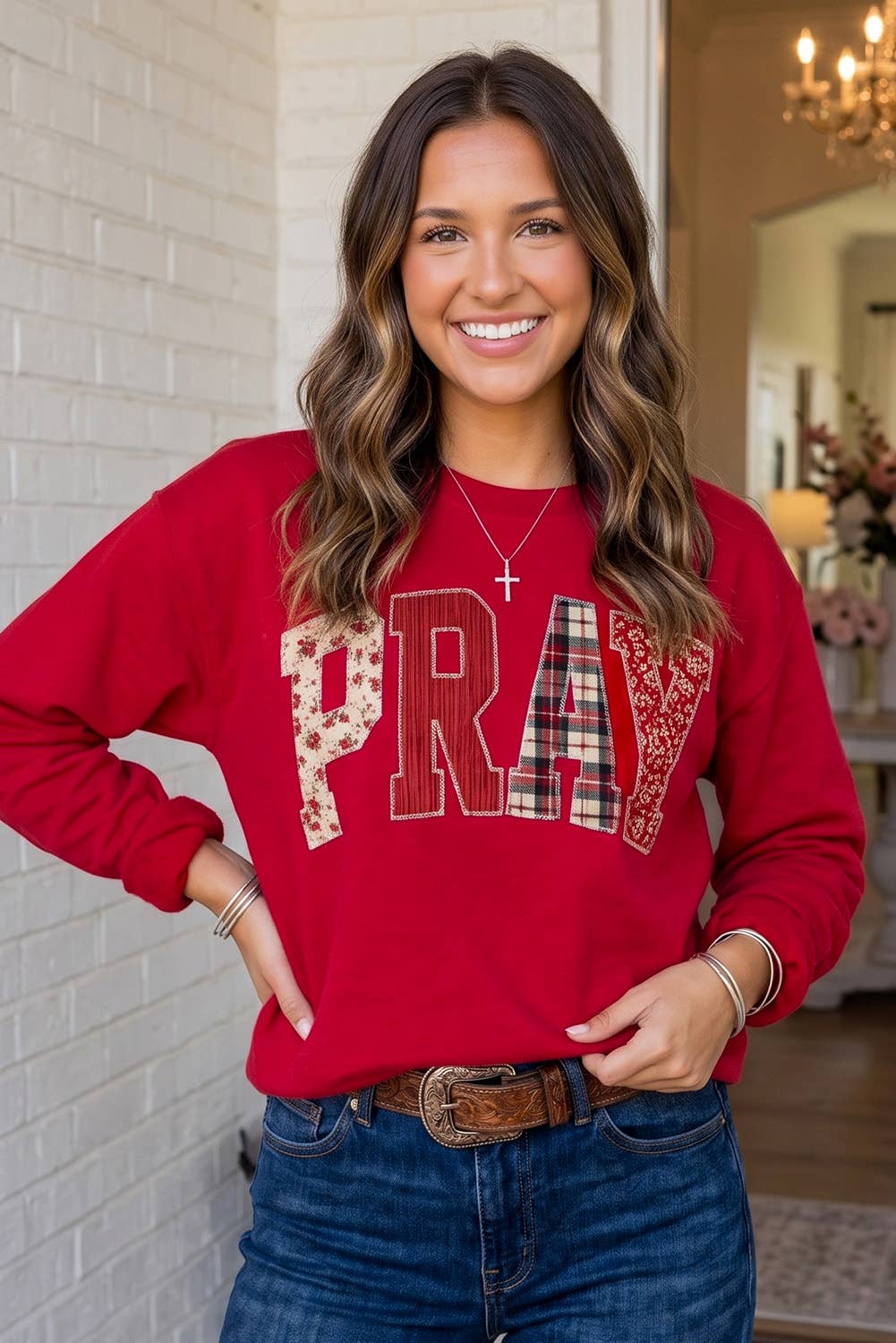 LA Society - LAS Western PRAY Plaid Letter Patchwork Sweatshirt (S-4X)