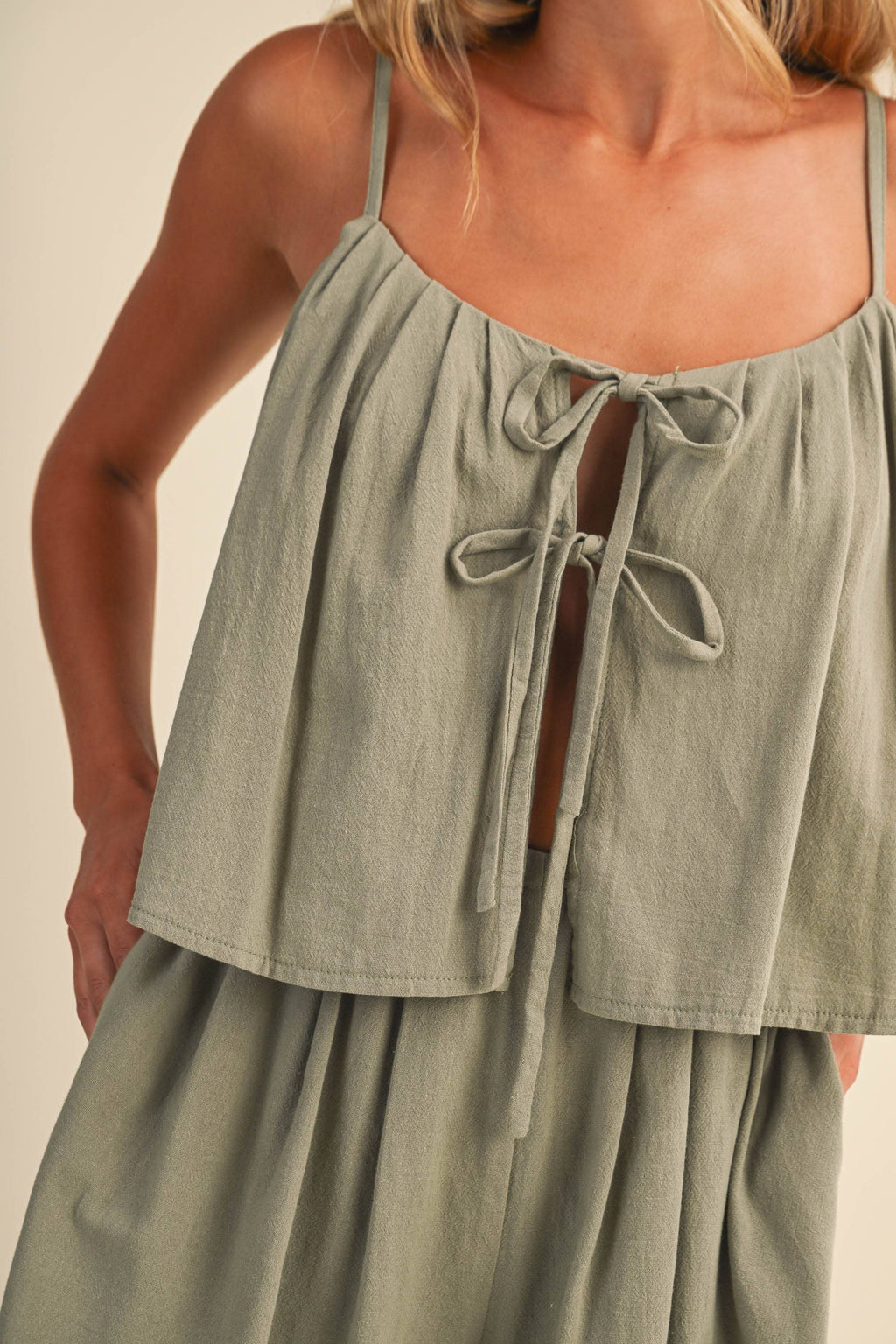 TIERED, FLOWY ROMPER/ FRONT-TIE ACCENTS AND TEXTURED