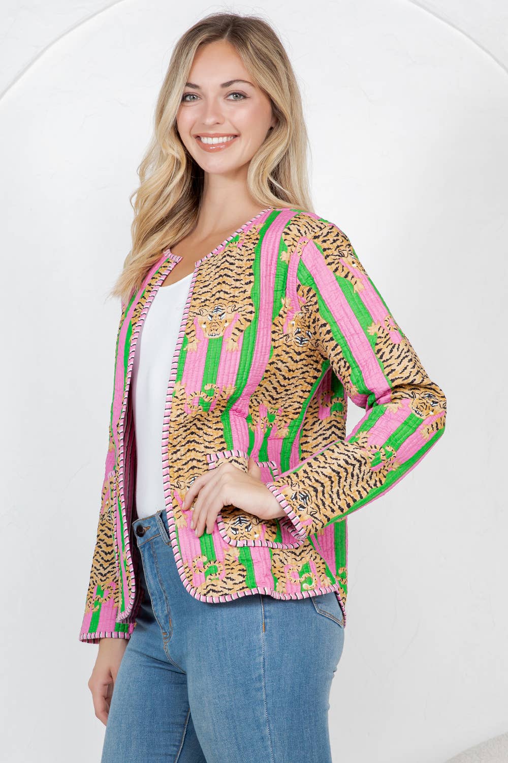 LA Soul - Tiger Print Quilted Cotton Jacket - Pink