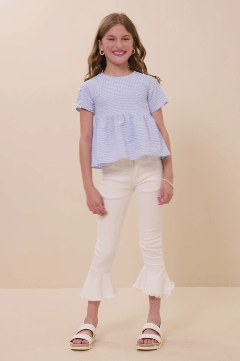 Girls Contrast Ribbon Gingham Babydoll Top