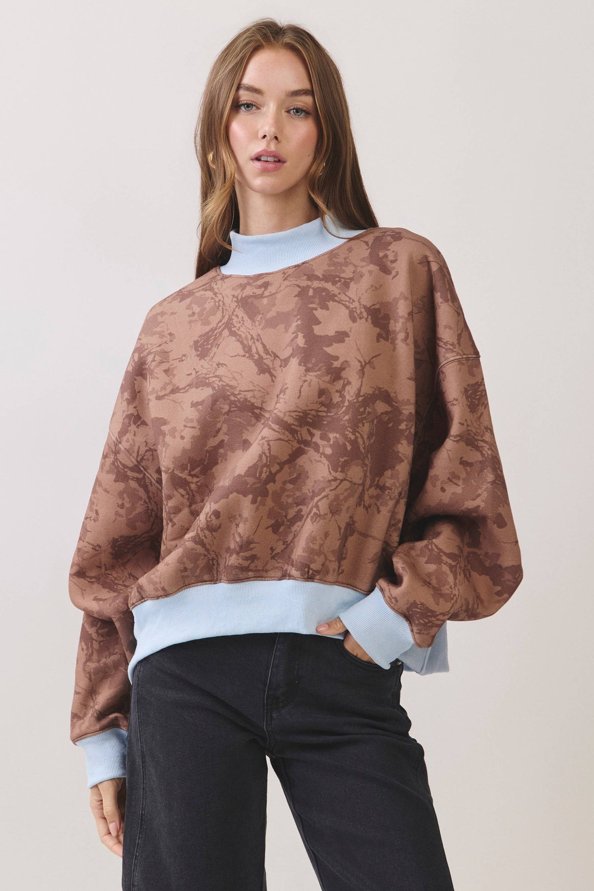 Contrast Mock Neck Printed Sweatshirt