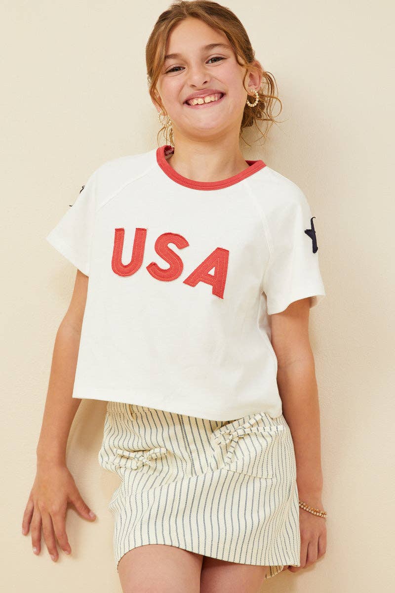 Girls USA And Star Patch Ringer Knit T Shirt