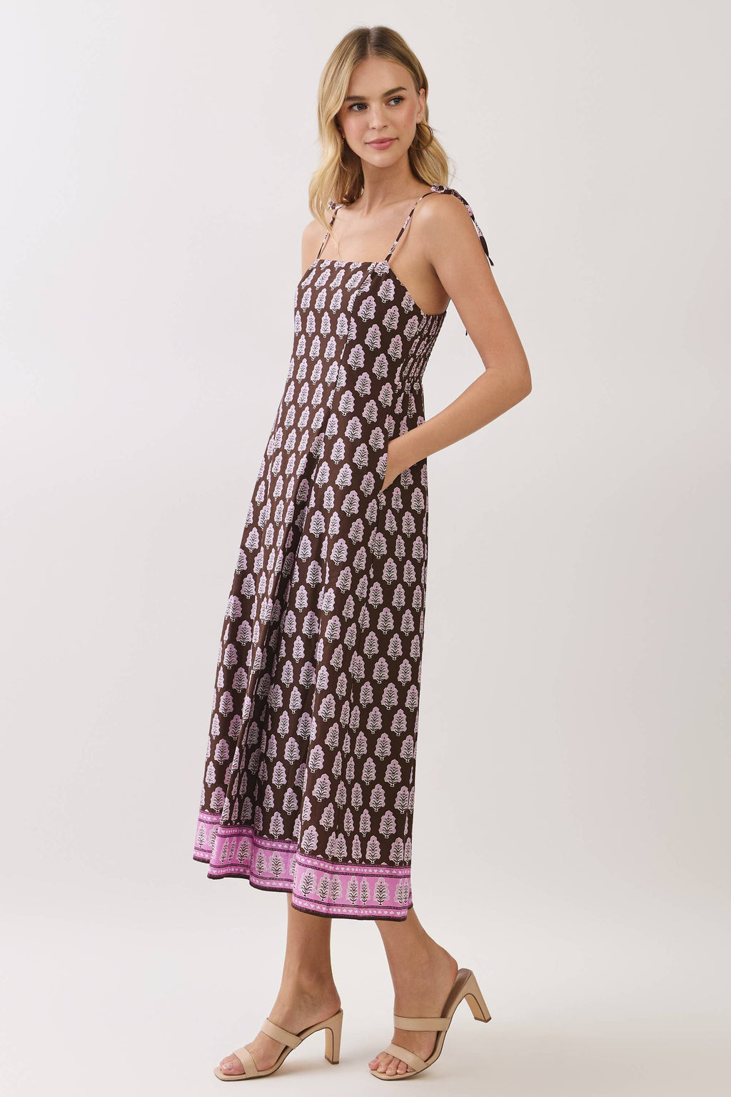 TCEC - CD07316-Border Print Tie-Shoulder Midi Dress
