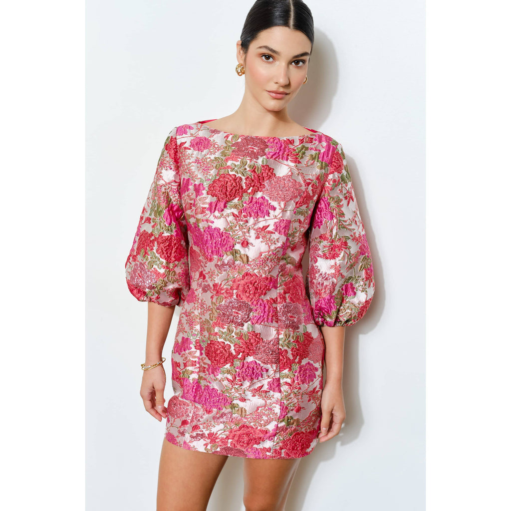 Luxe Metallic Floral Jacquard Puff 1/2 Mini Dress