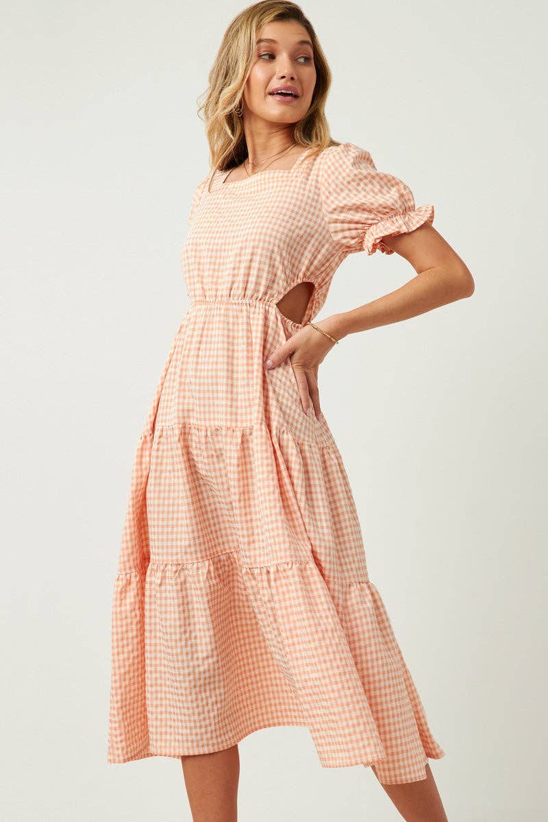 Womens Square Neck Side Cutout Tie Detail Gingham Dresss