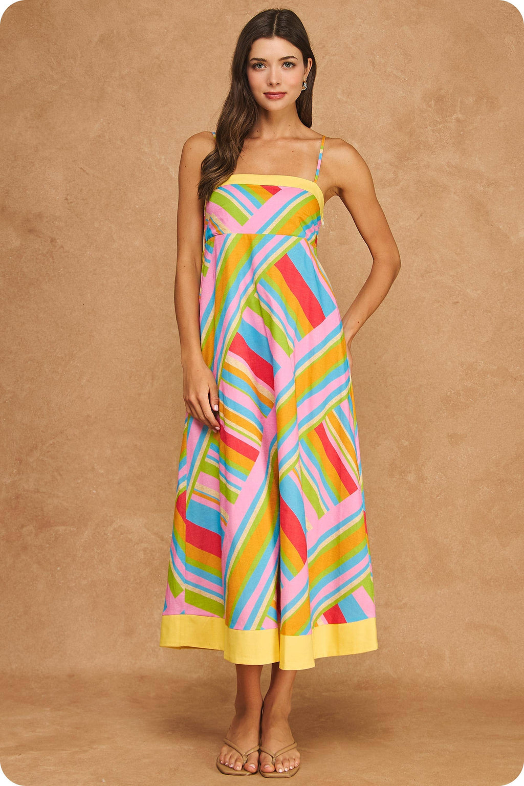 Vibrant Geometric Stripe Contrast Midi Dress