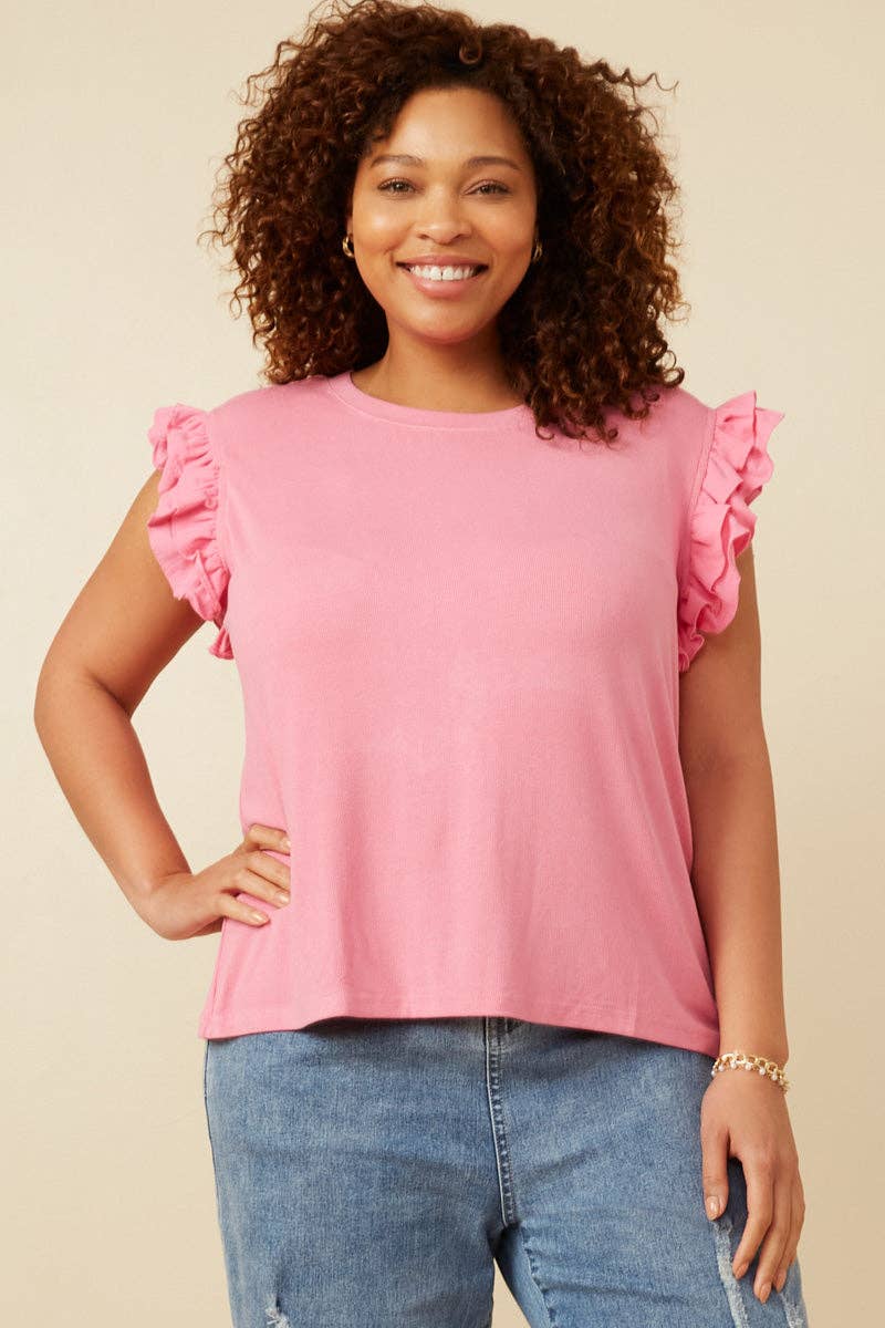 Womens Layered Ruffle Mix Media Ribbed Knit Tank