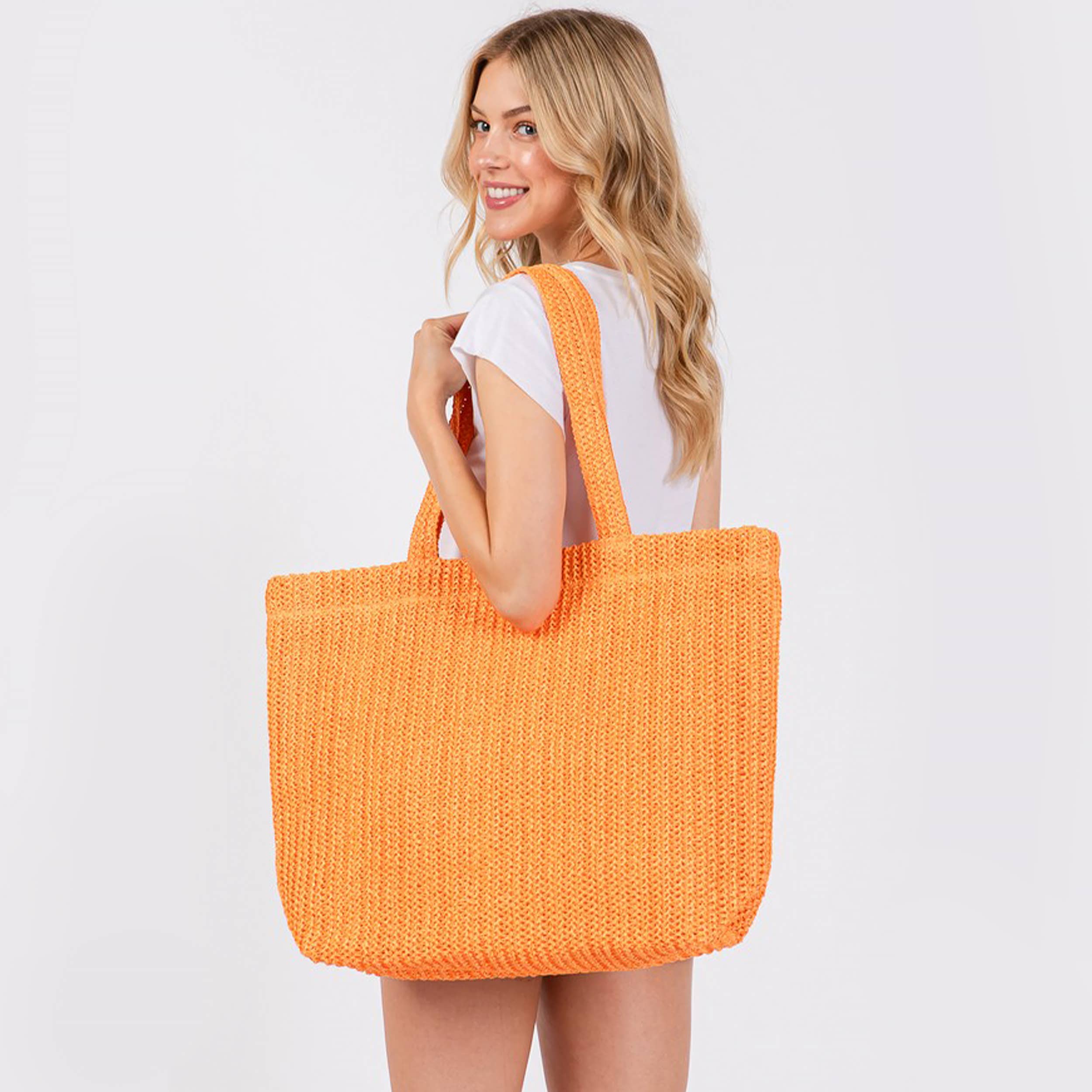 Solid Color Crochet Summer Straw Tote Bag