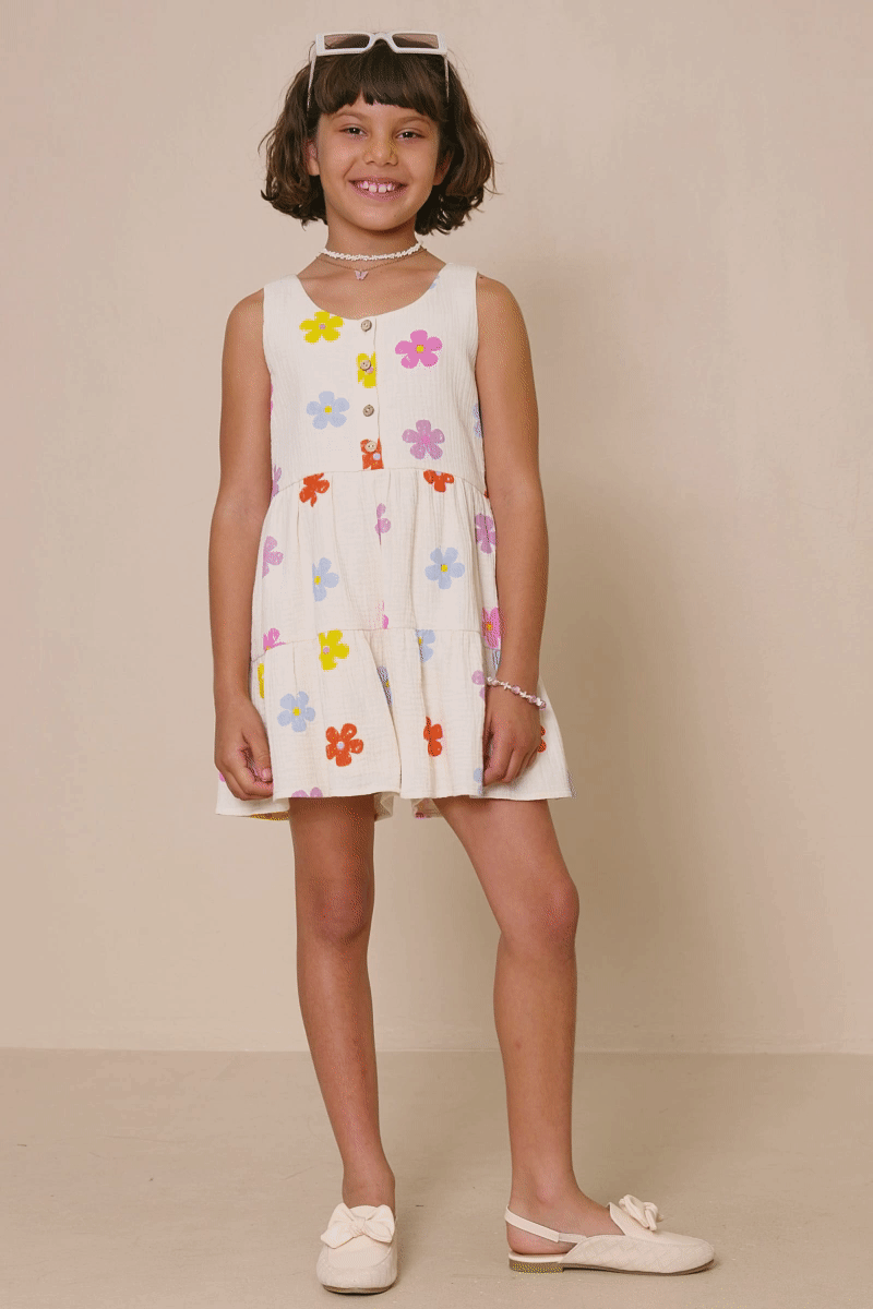 Girls Floral Gauze Textured Tiered Tank Romper