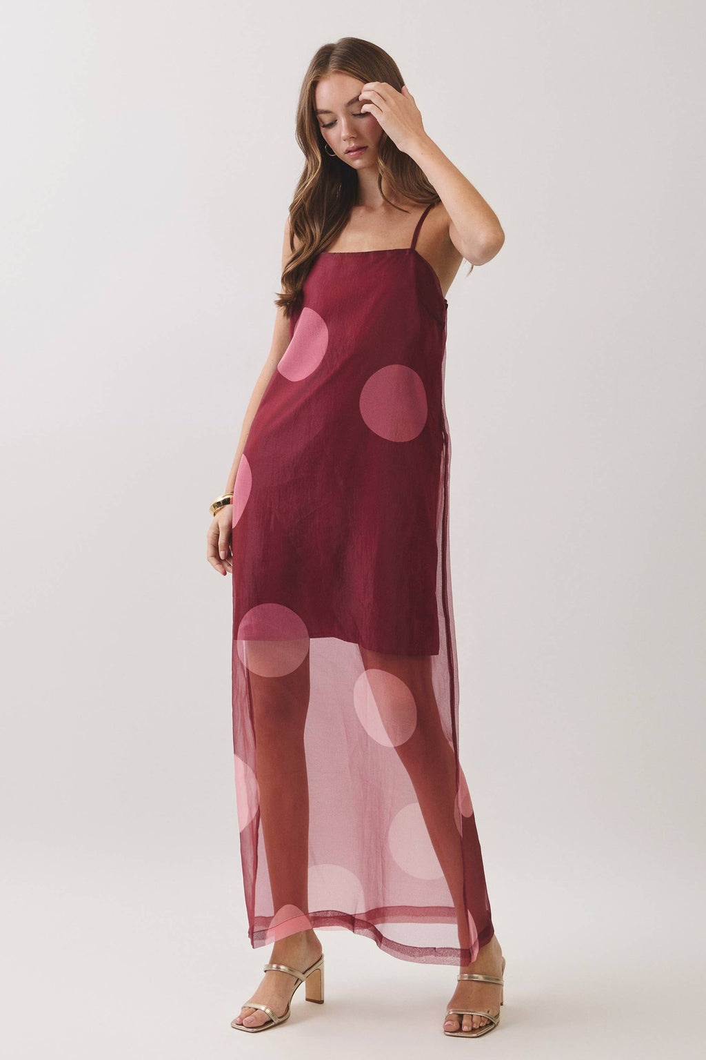 TCEC - CD07181-Polka Dot Sheer Overlay Maxi Dress