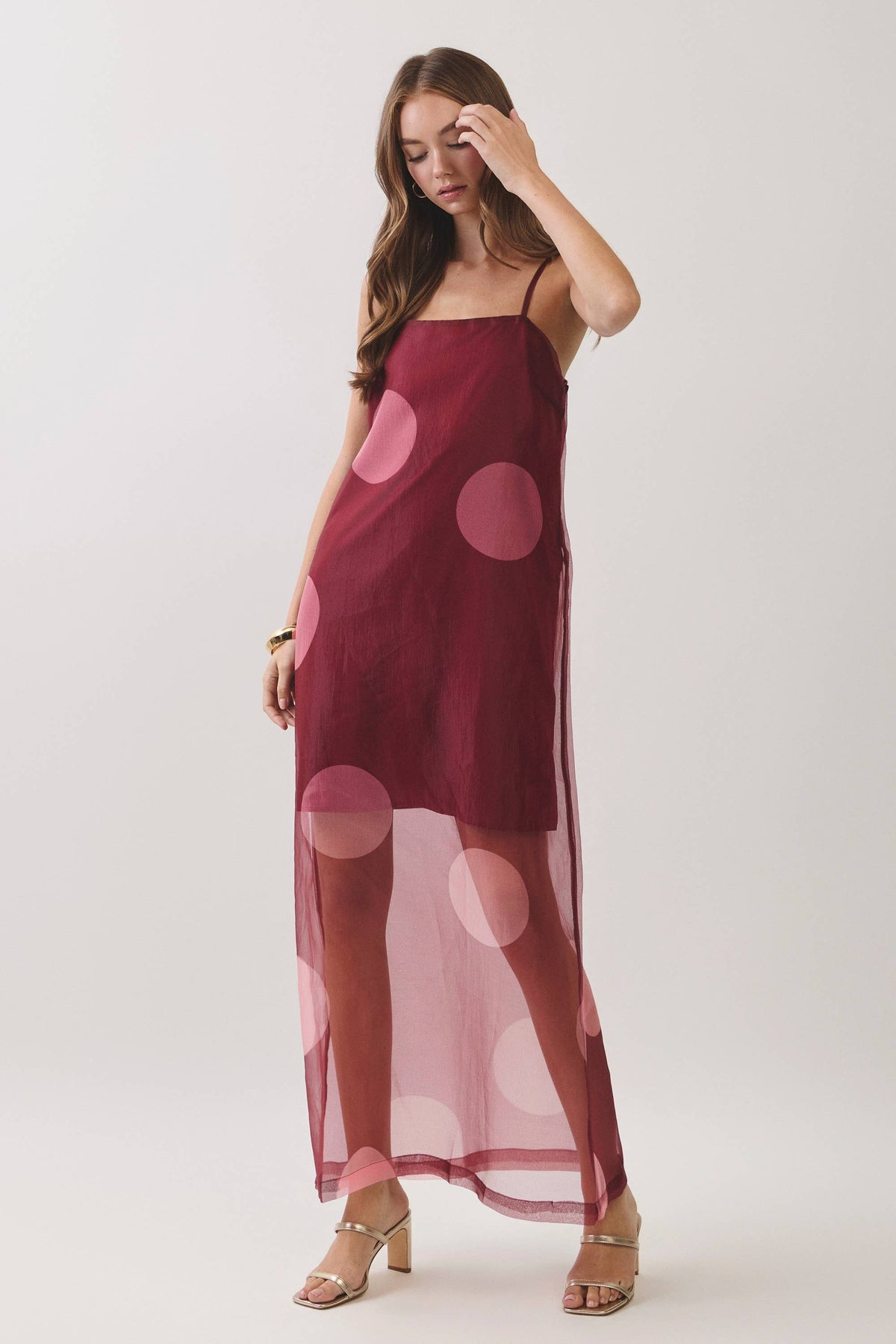 TCEC - CD07181-Polka Dot Sheer Overlay Maxi Dress