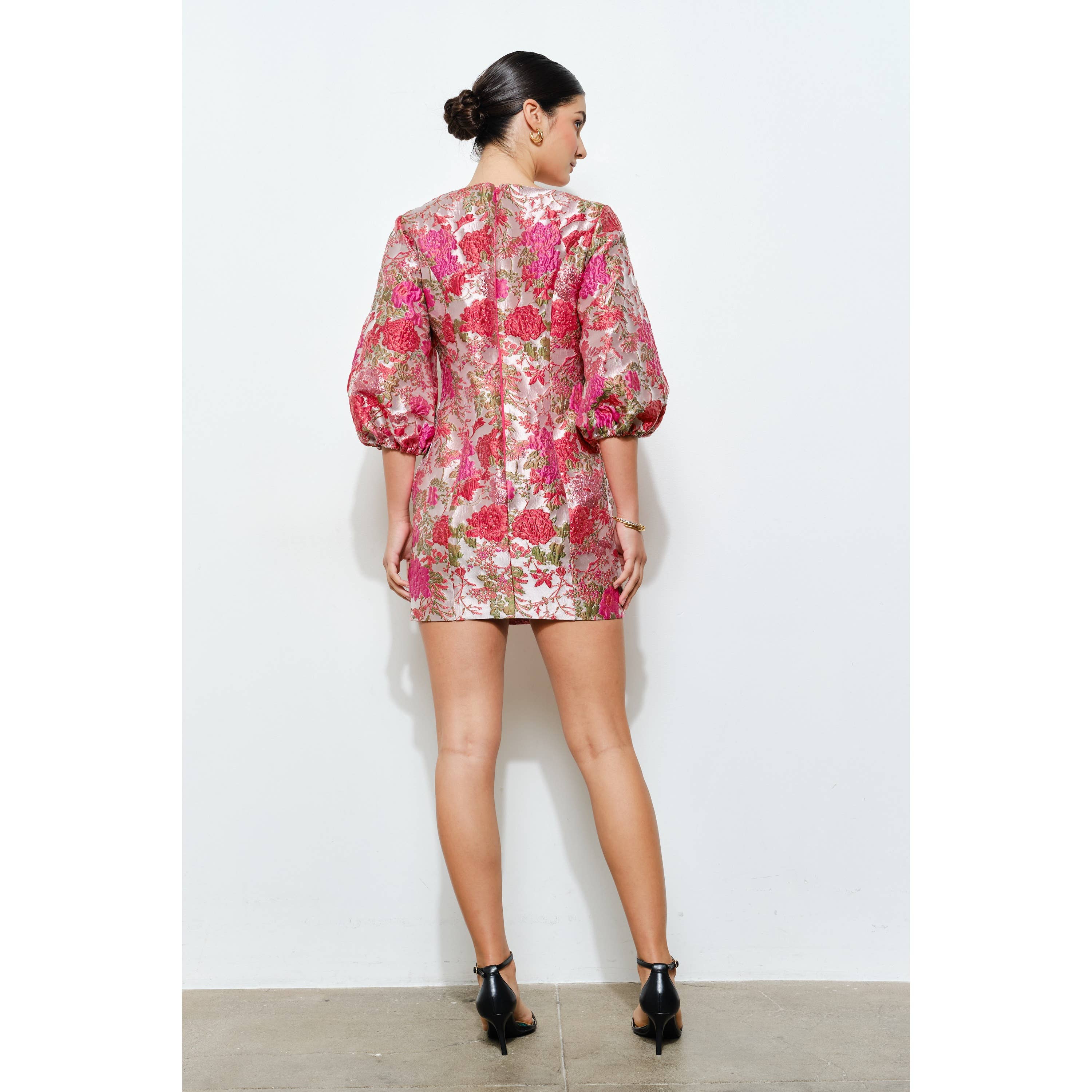 Luxe Metallic Floral Jacquard Puff 1/2 Mini Dress