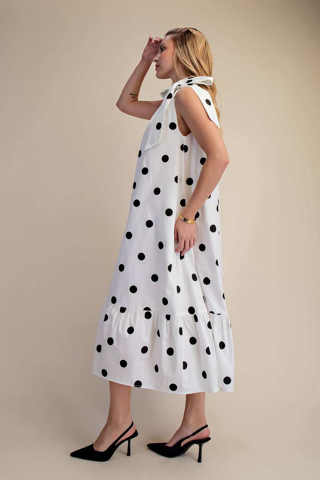 Ruffle Neck Tie Polka Dot Sleeveless Midi Dress