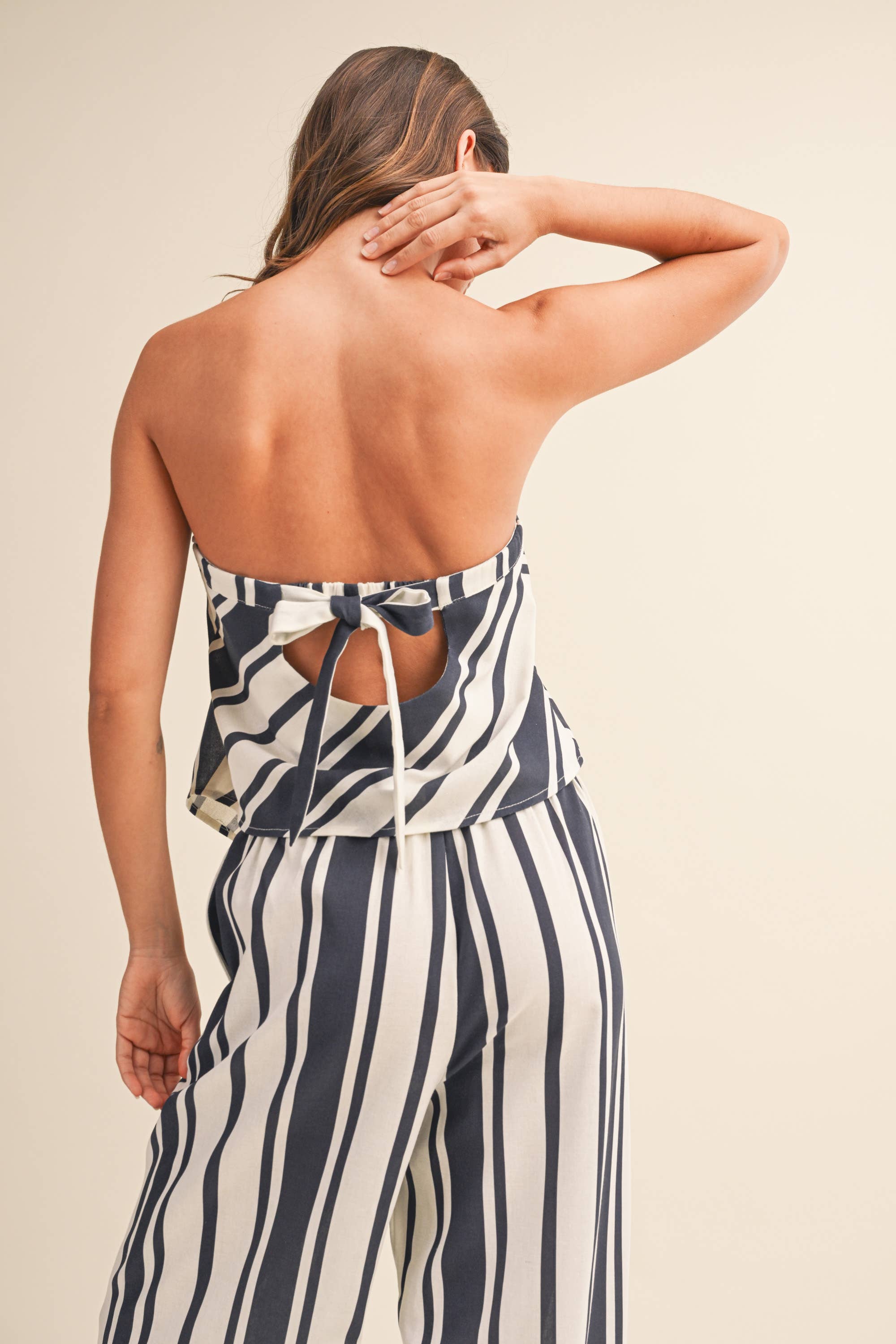 Klesis - IST6376 STRIPED LINEN TUBE TOP AND WIDE LEG PANTS SET