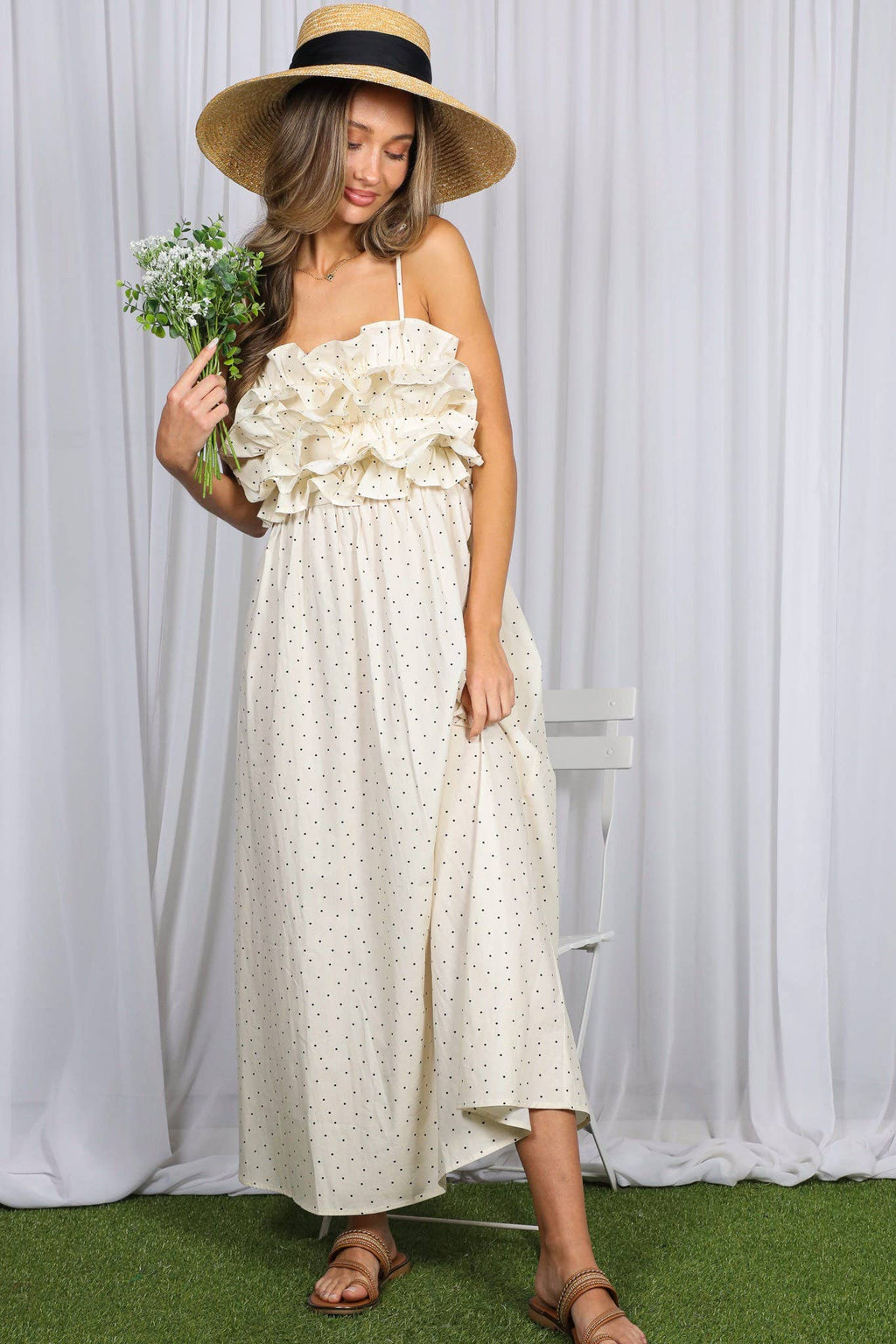 Dotted Pattern Ruffle Accent Dress
