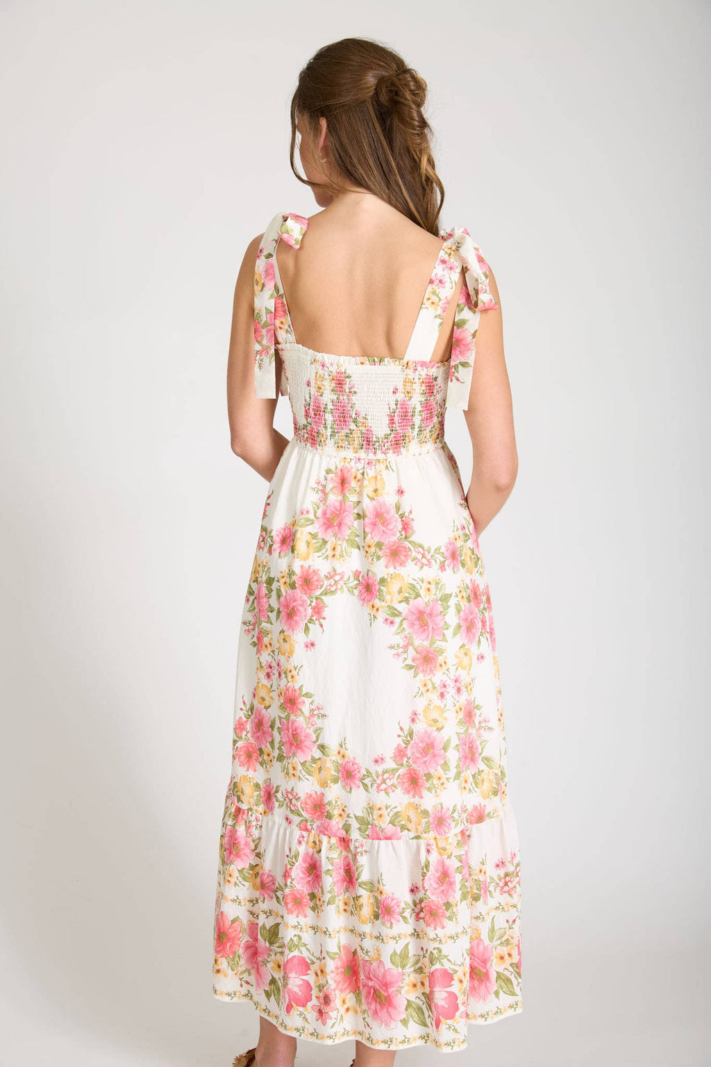 FLORAL TIE STRAP SMOCKED BORDER PRINT MIDI DRESS
