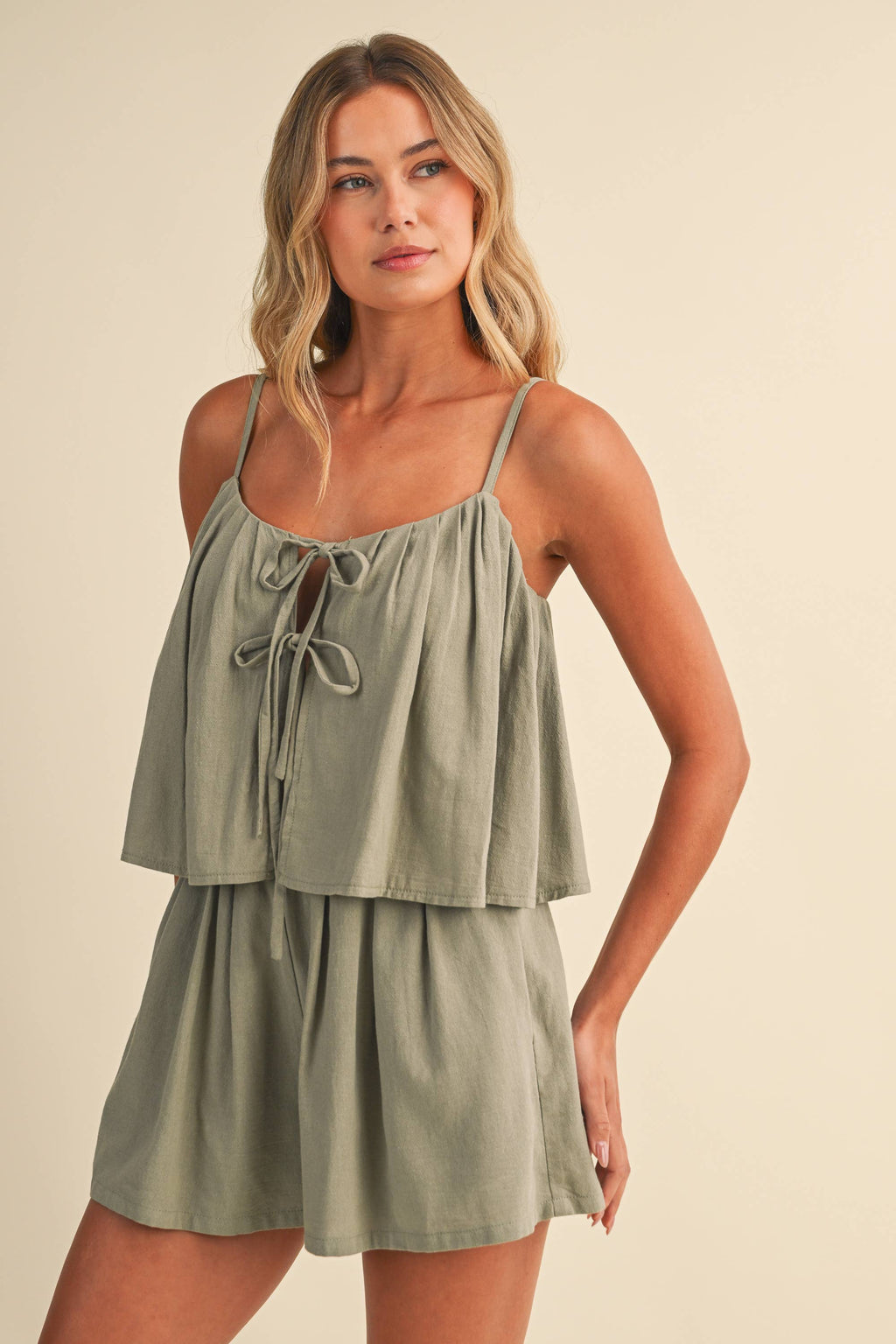 TIERED, FLOWY ROMPER/ FRONT-TIE ACCENTS AND TEXTURED