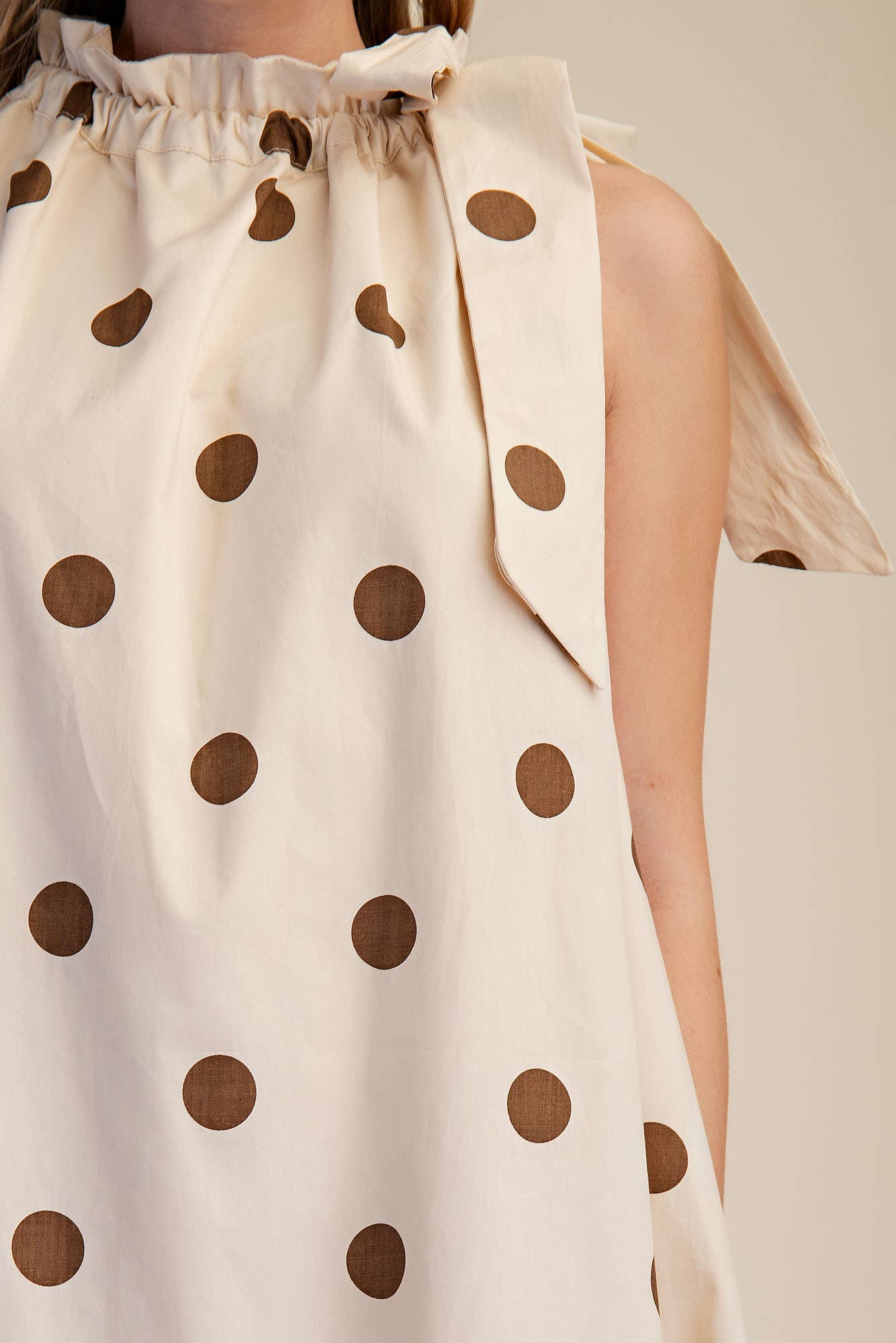 Ruffle Neck Tie Polka Dot Sleeveless Midi Dress