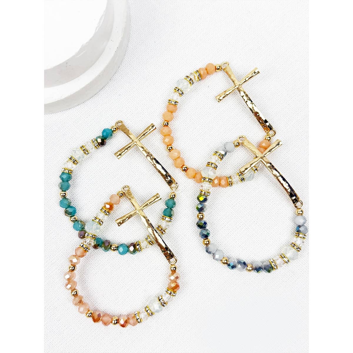 Love and Repeat - Hammered Cross Bead Stretch Bracelet