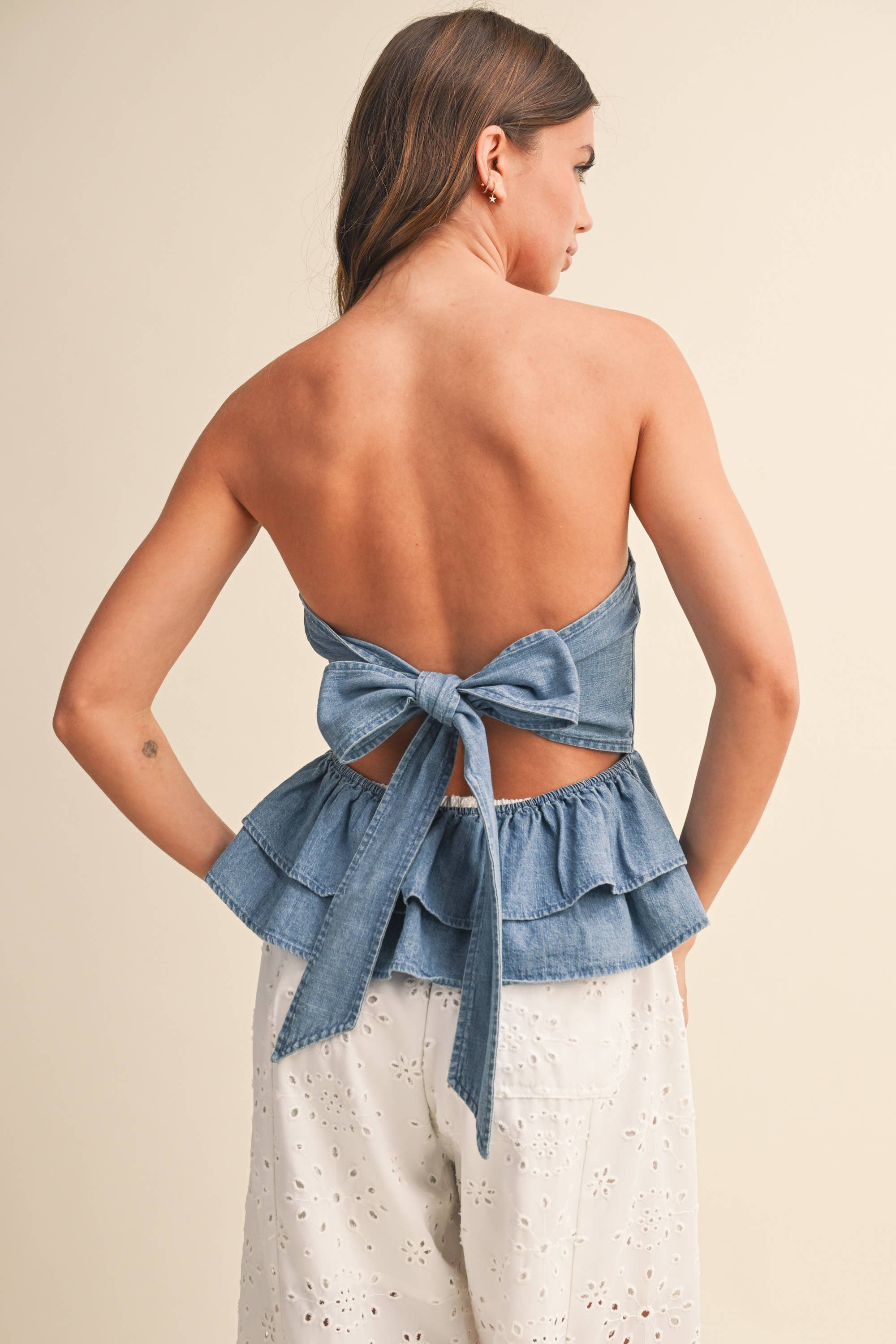 Klesis - IT4613  DENIM TIERED PEPLUM TOP WITH TIE BACK DETAIL