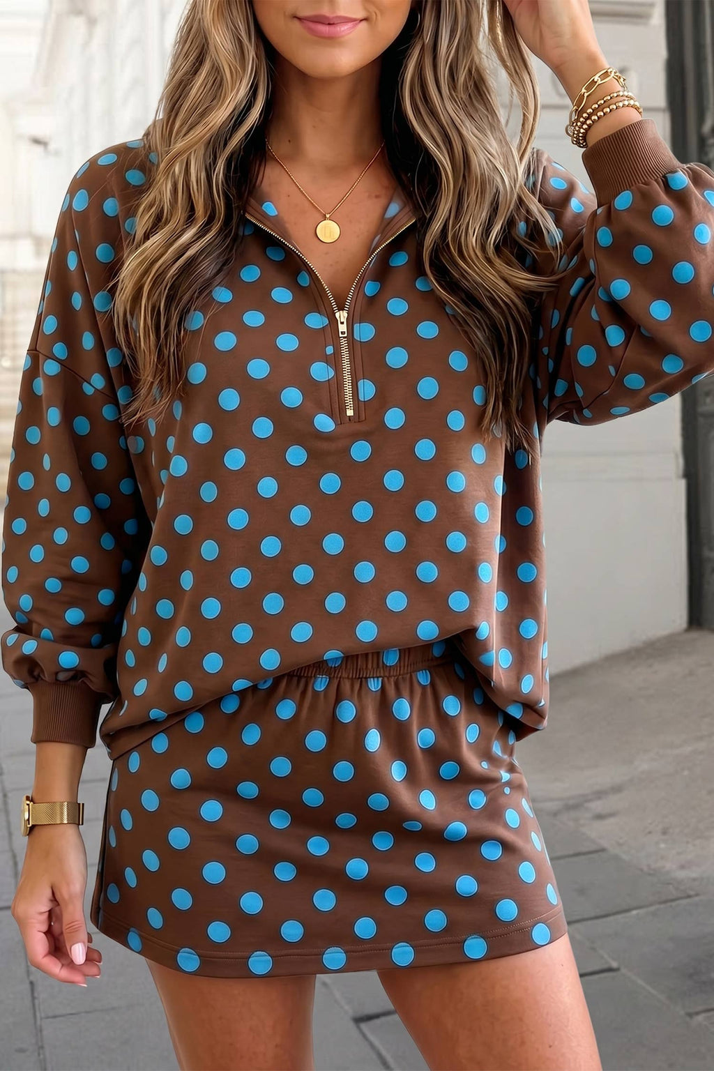 Aapparella - Lovely Polka Dots Print Zip Front  hooded Skort Set | S-XL
