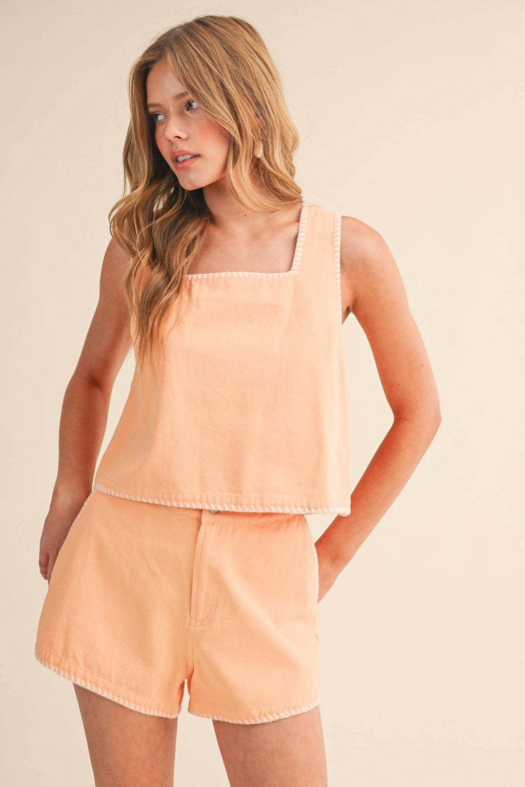 WHIPSTITCH DENIM CROP TOP AND SHORTS SET MPST4627