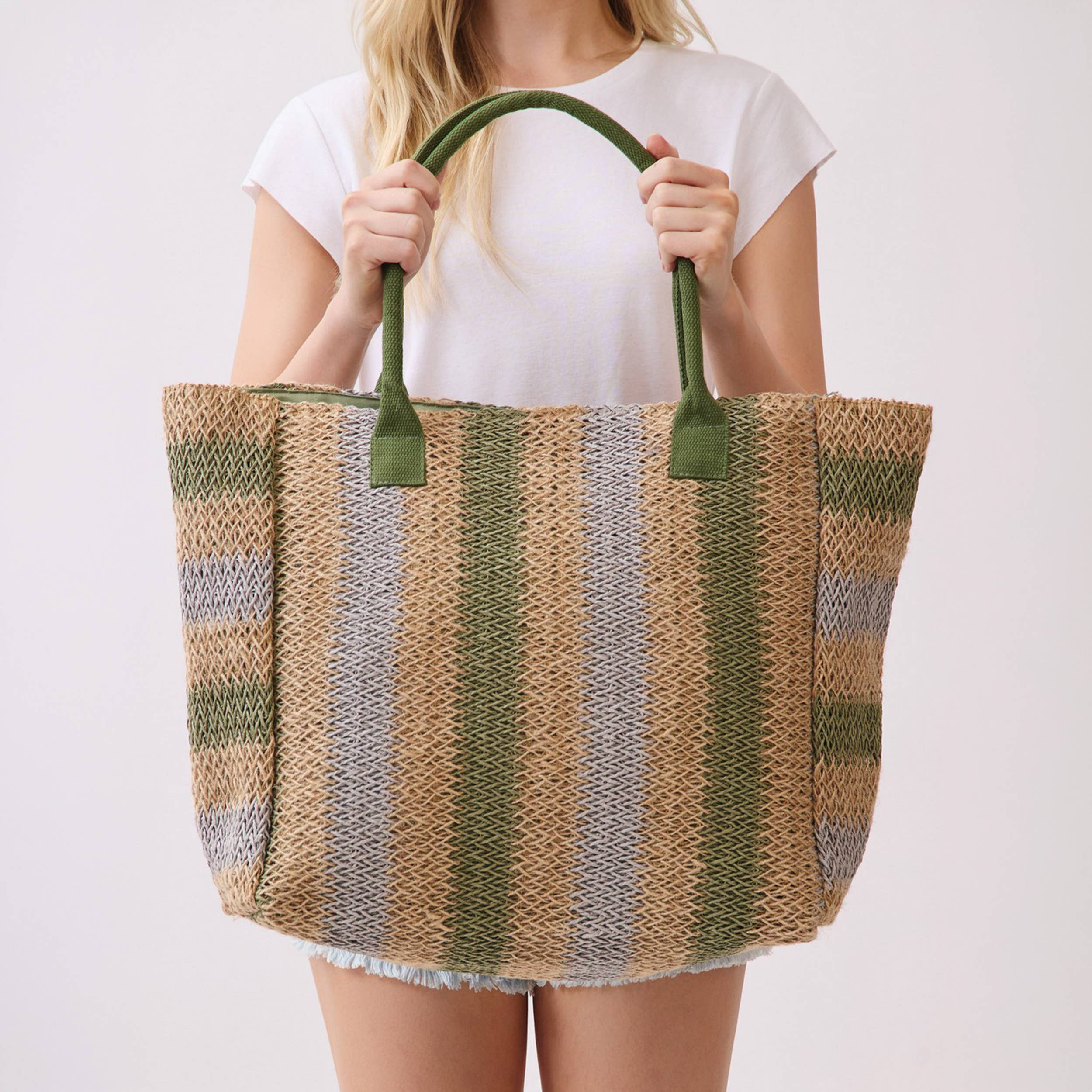 Hana - Multi Color Stripe Pattern Natural Brown Straw Tote Bag