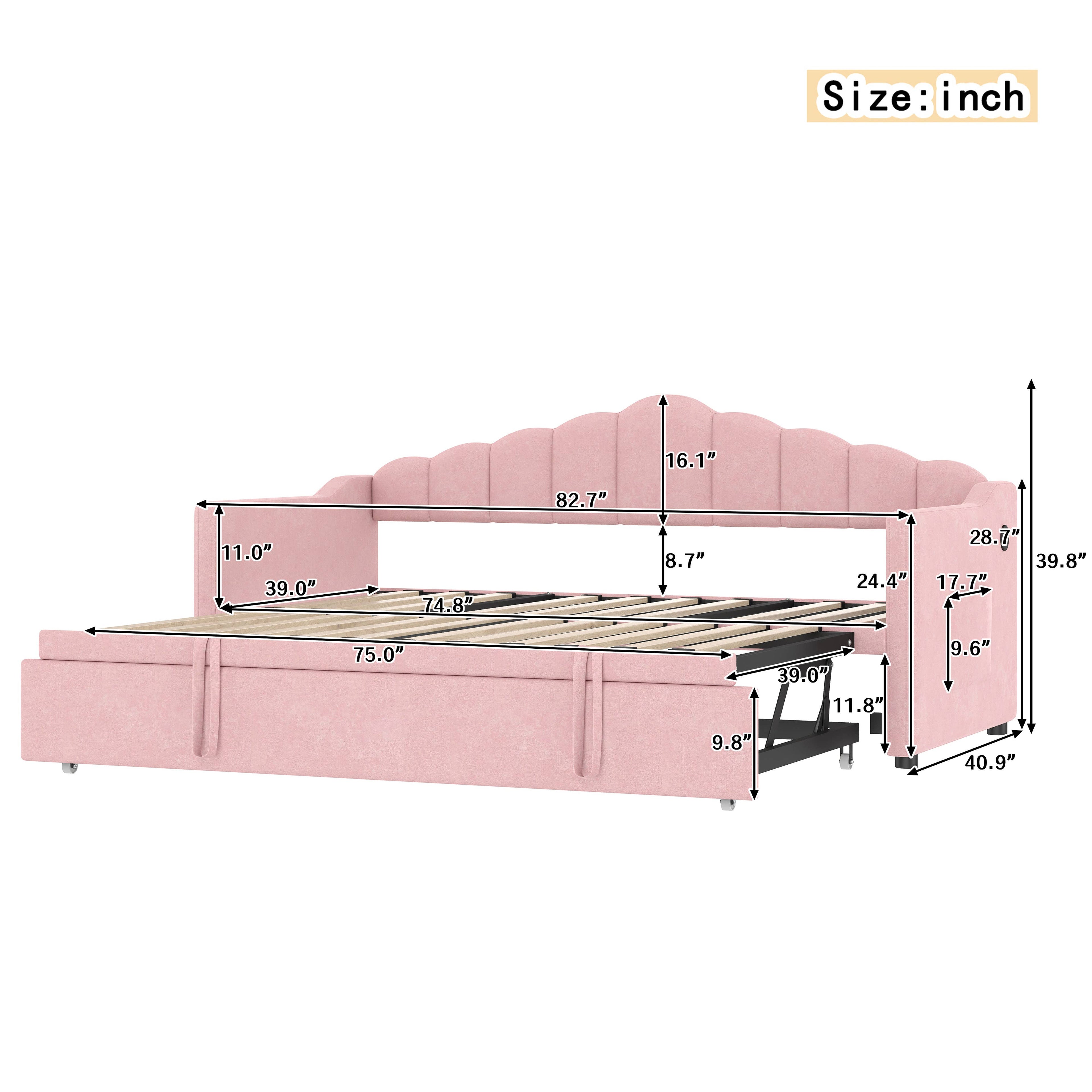 39F Inc. - Velvet Daybed with Pop Up Trundle USB Twin Beige/Pink