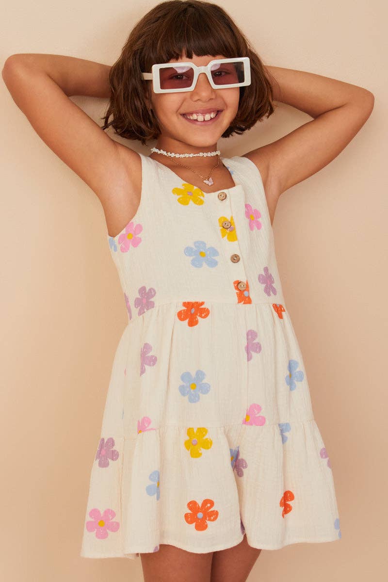Girls Floral Gauze Textured Tiered Tank Romper