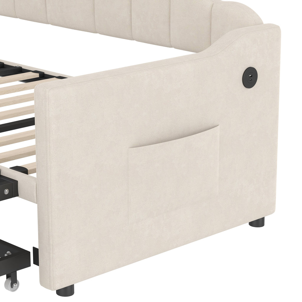 39F Inc. - Velvet Daybed with Pop Up Trundle USB Twin Beige/Pink