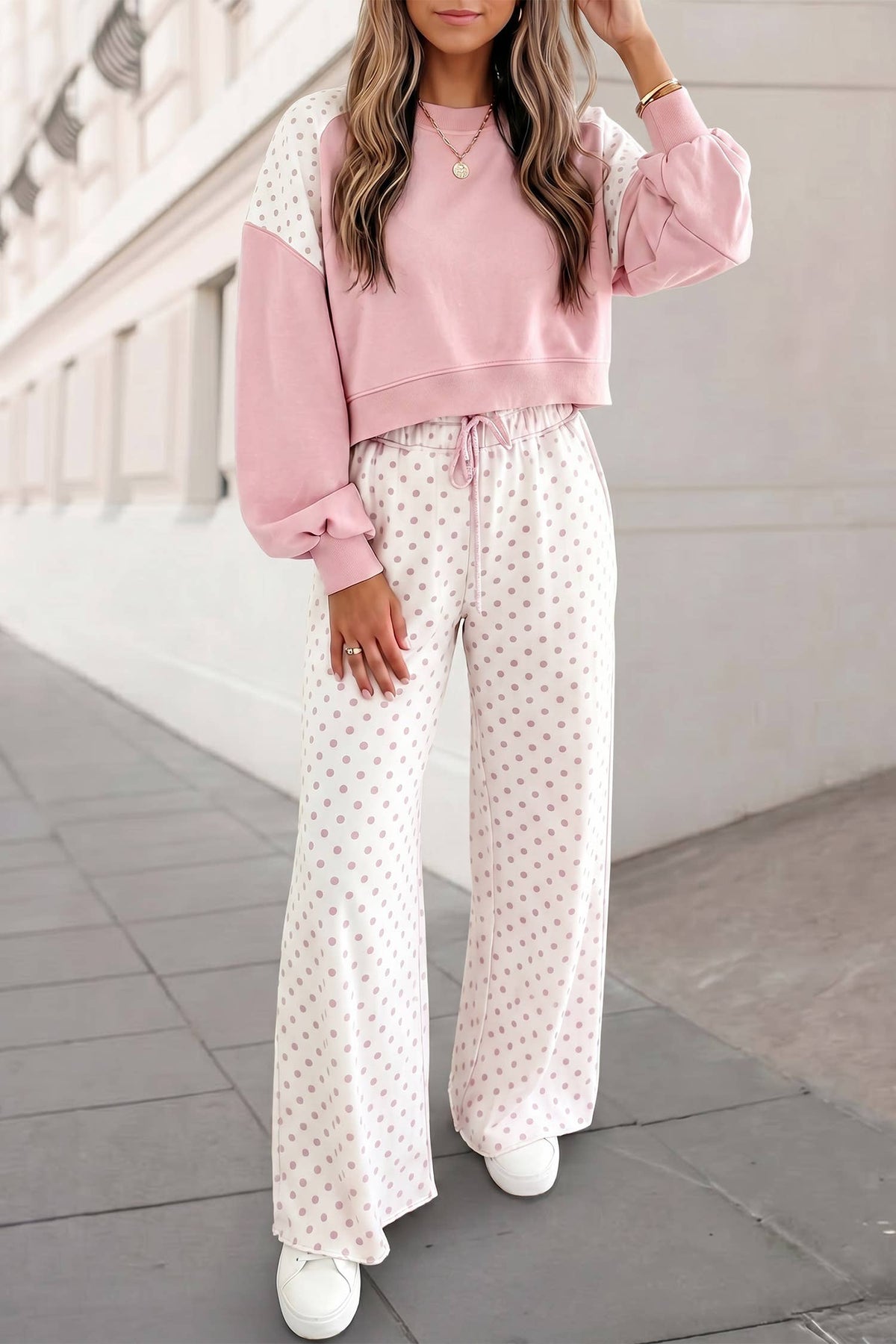 Aapparella - Polka Dot Colorblock Long Sleeve 2pcs Pants Set FW26 | S-XL