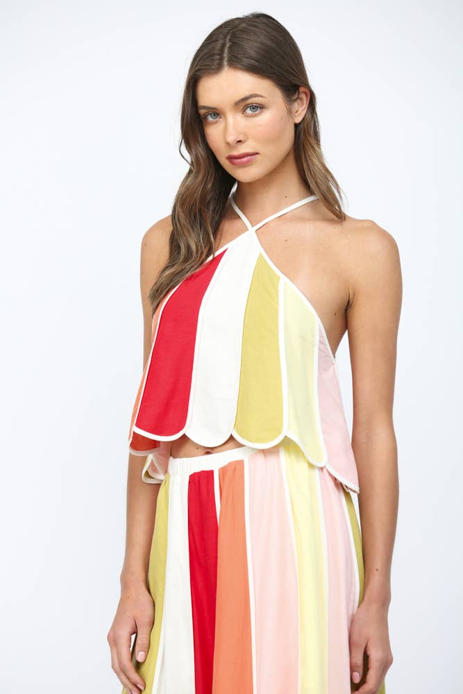 FATE - LINEN BLEND COLOR-BLOCK HALTER CROP TOP FT21298