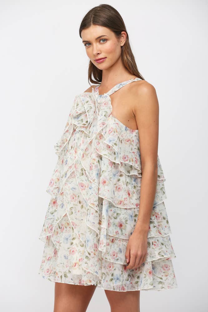 FATE - PETAL SHAPED CASCADING RUFFLE DETAIL FLORAL DRESS FD35811