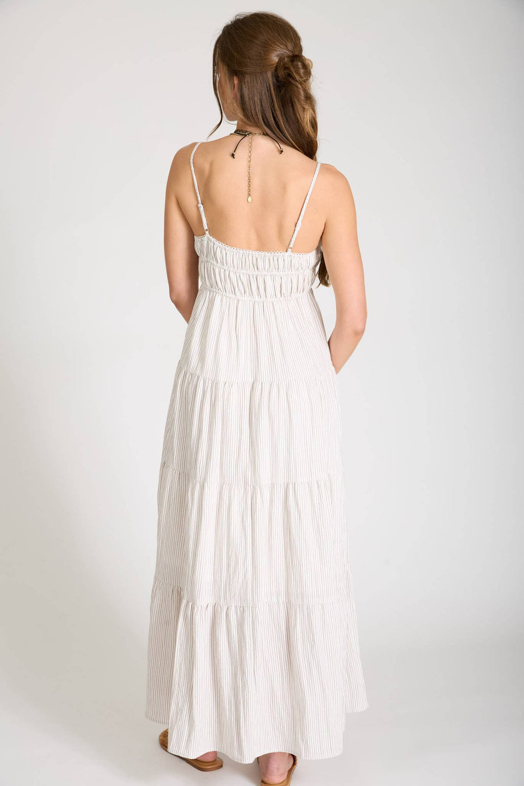 STRIPE SHIRRED EMPIRE WAIST TIERED MIDI DRESS