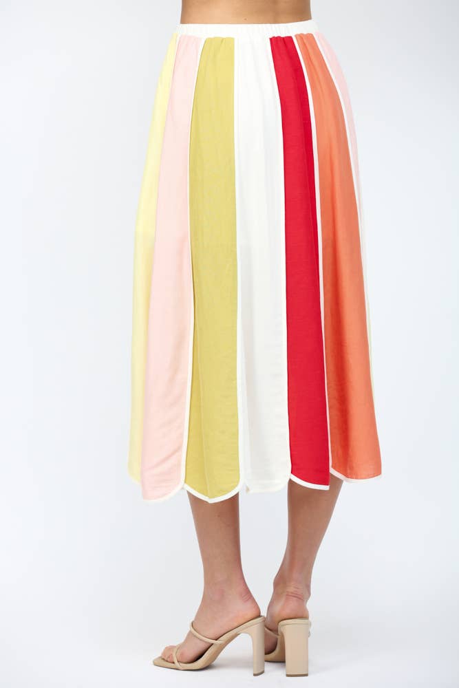 FATE - LINEN BLEND VERTICAL MULTICOLOR PANELS COLOR-BLOCK MIDI SKIR