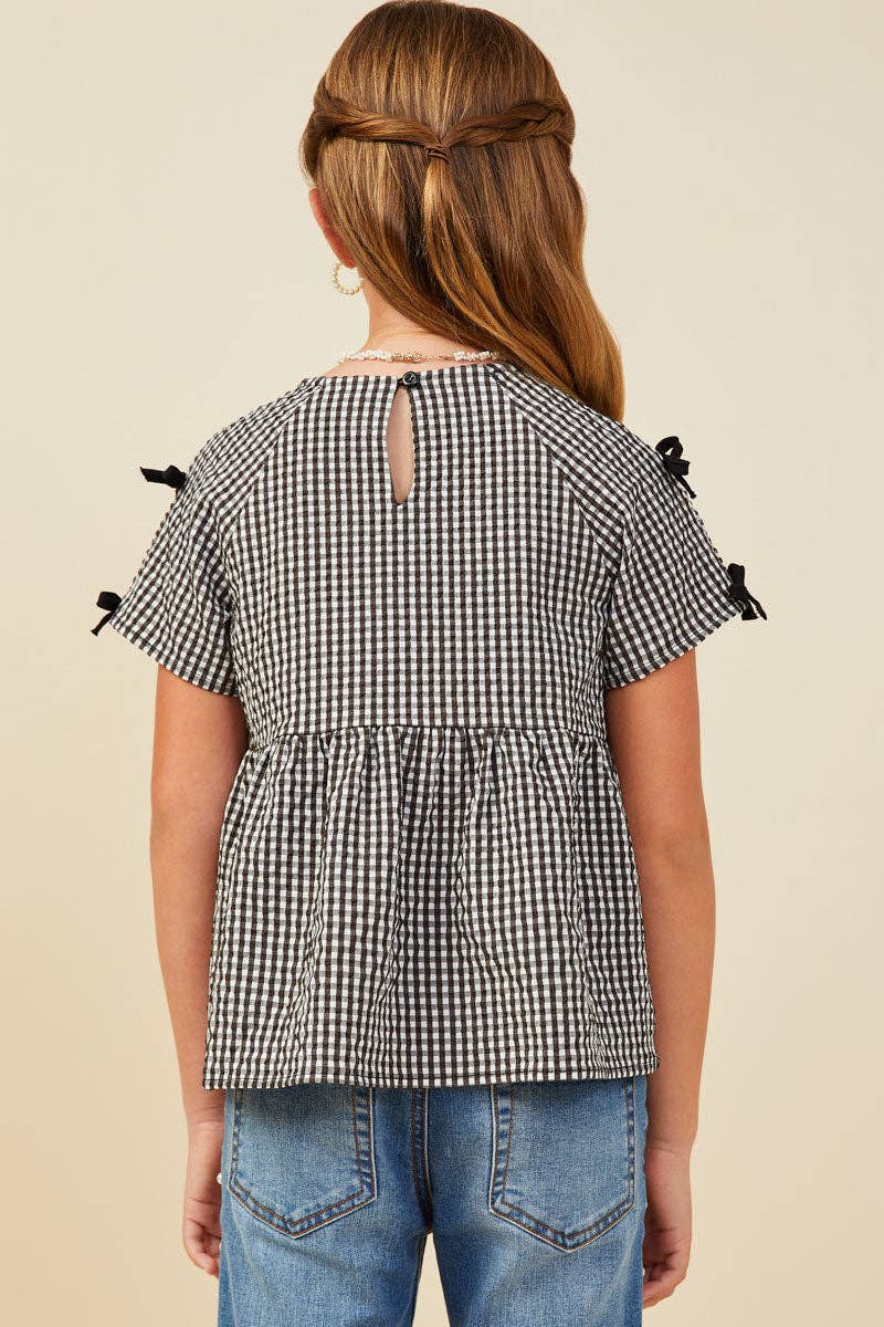 Girls Contrast Ribbon Gingham Babydoll Top