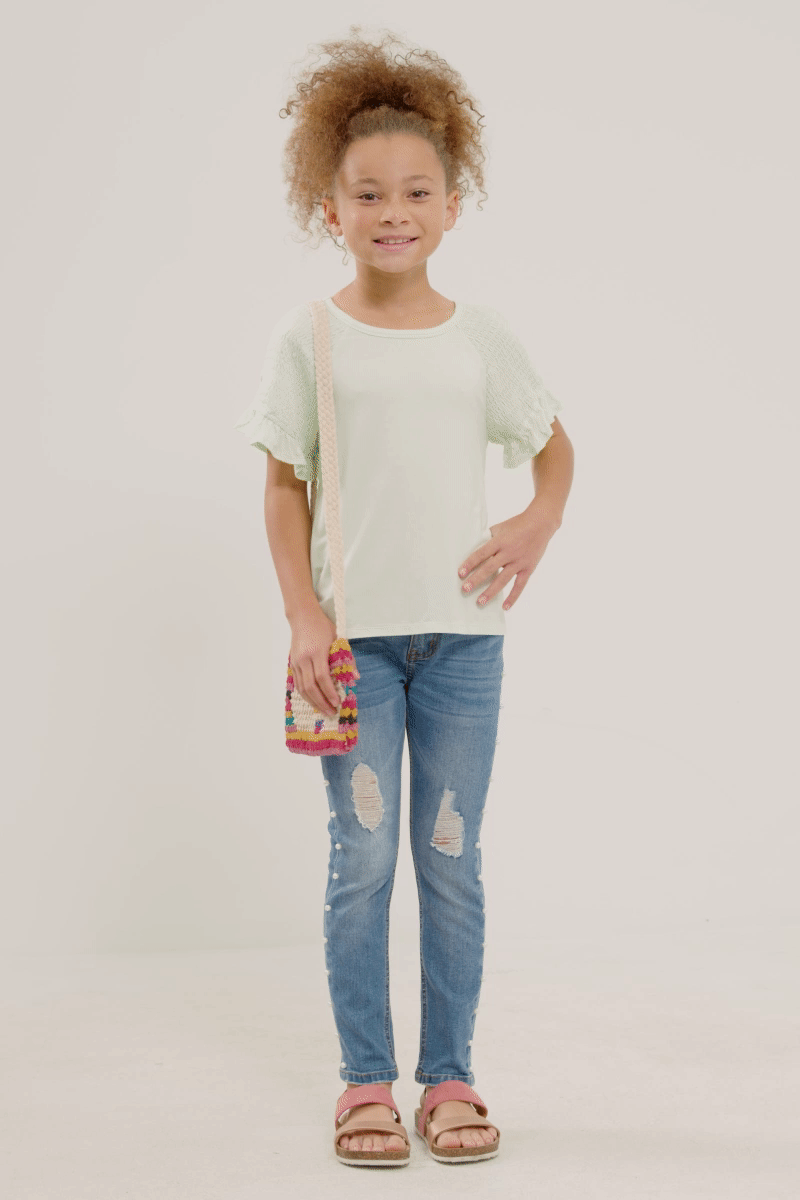 Girls Smocked Shoulder Ruffle Sleeve Top