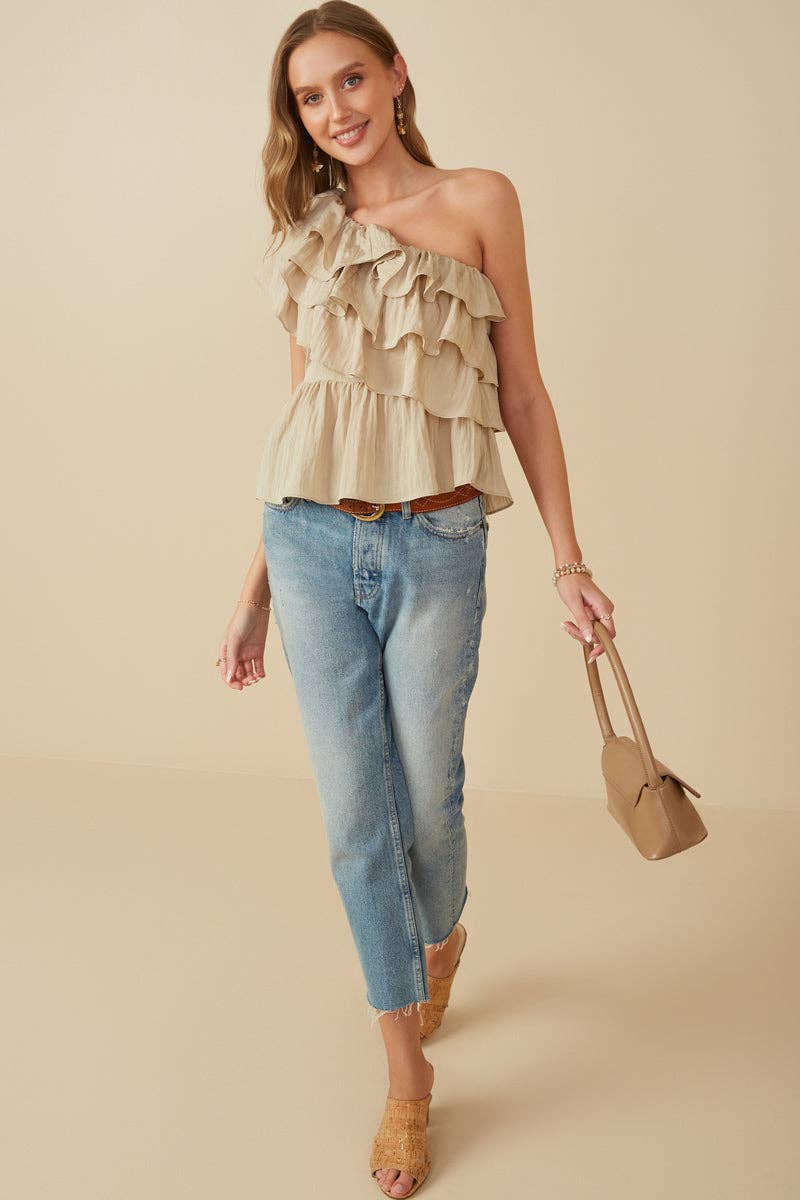 Womens One Shoulder Textured Layered Ruffle Top