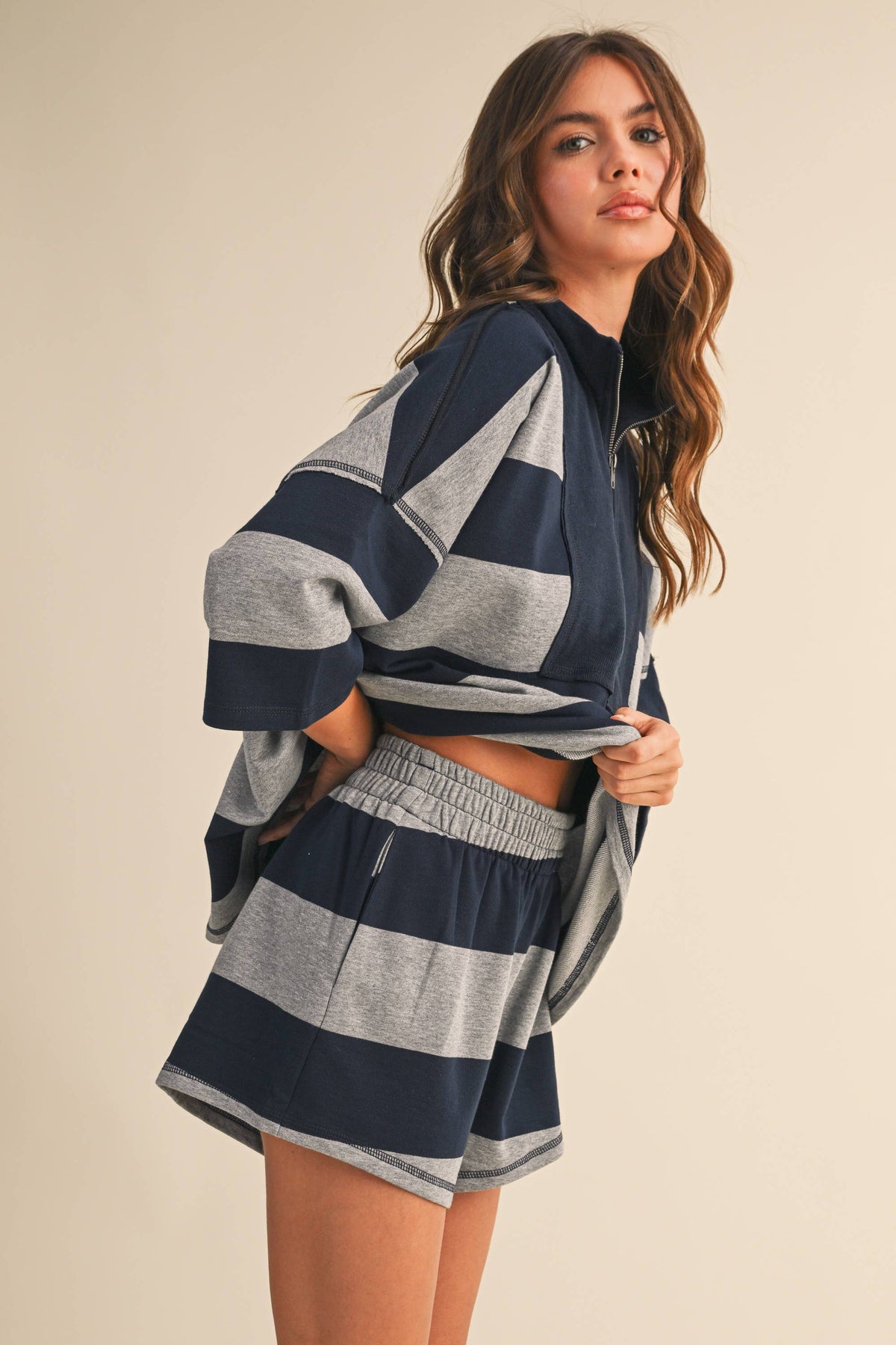 STRIPED ZIP UP OVERSIZED TOP AND SHORTS SET