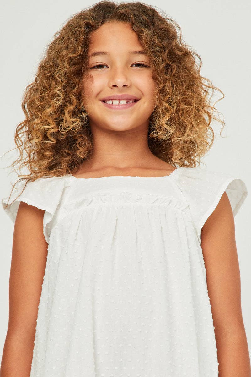 Girls Swiss Dot Ruffled Seamed Ruffle Shoulder Dress