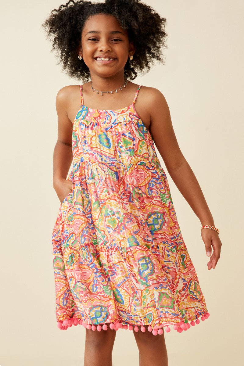 Girls Textured Abstract Floral Pom Pom Hem Dress