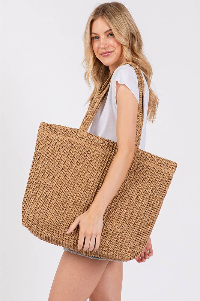 Solid Color Crochet Summer Straw Tote Bag