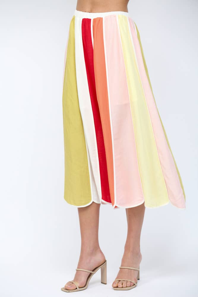 FATE - LINEN BLEND VERTICAL MULTICOLOR PANELS COLOR-BLOCK MIDI SKIR