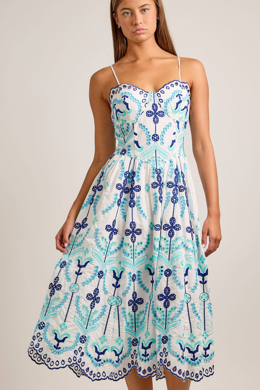 Embroidered Fit-and-Flare Midi Dress
