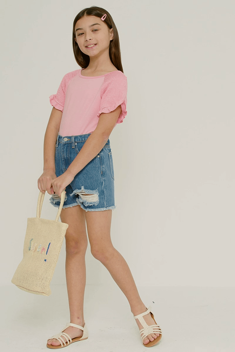 Girls Smocked Shoulder Ruffle Sleeve Top