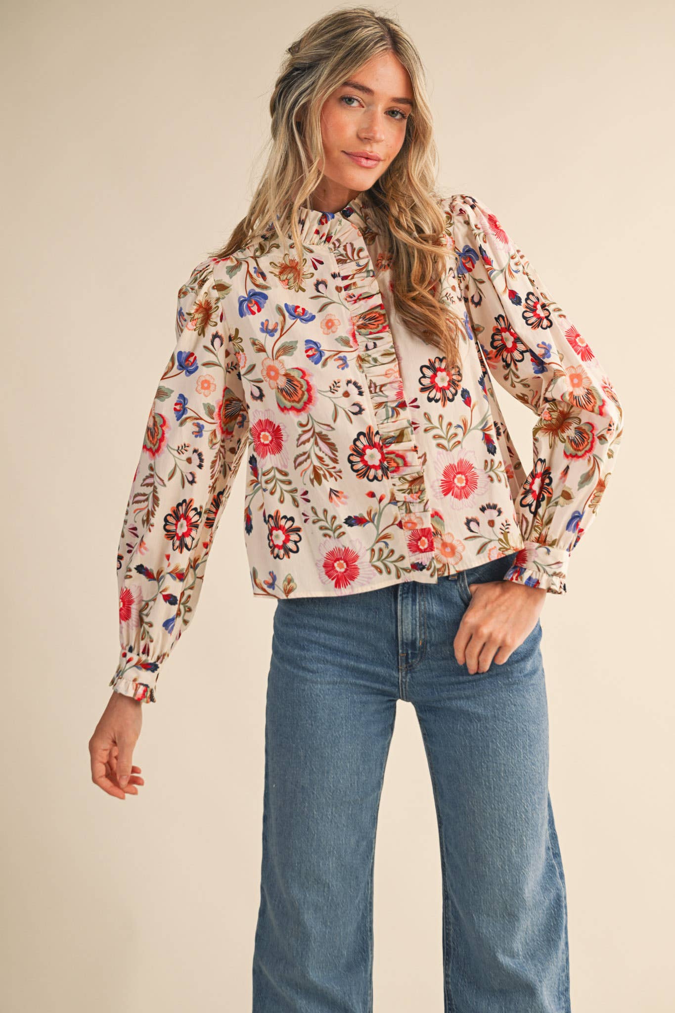 EXCLUSIVE FLORAL PRINT RUFFLED BUTTON DOWN TOP