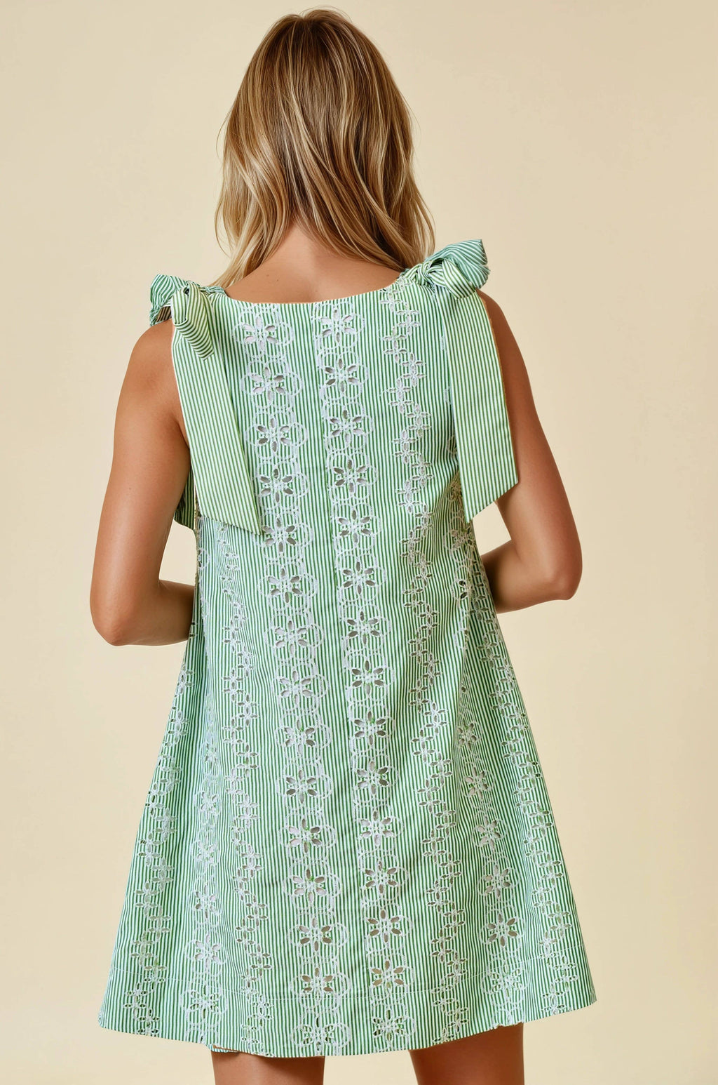 Doe and Rae - STRIPED EYELET TIE SHOULDER MINI DRESS - 28285D