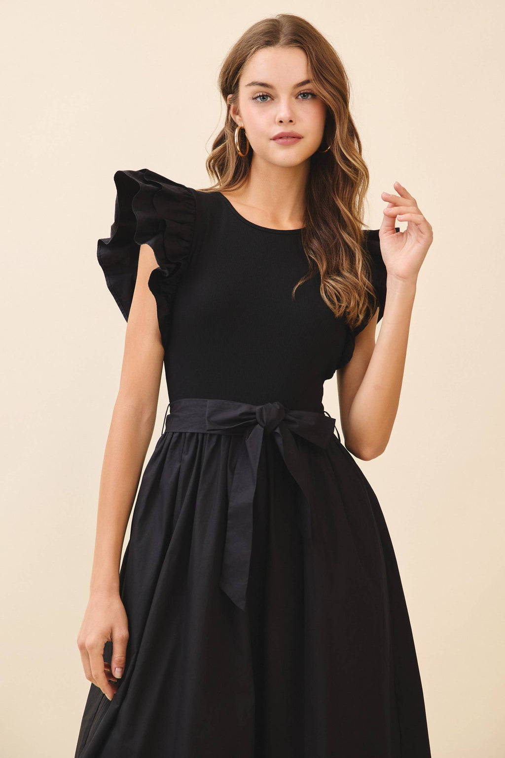 Dramatic Double Layered Ruffle Shoulder Midi Dress